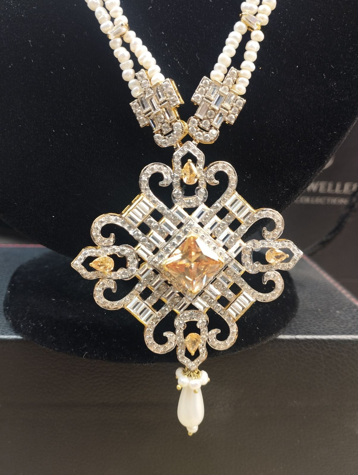 *Made To Order, Pendent mala set in chandi and gold plated with pearls and champagne colours zircons*