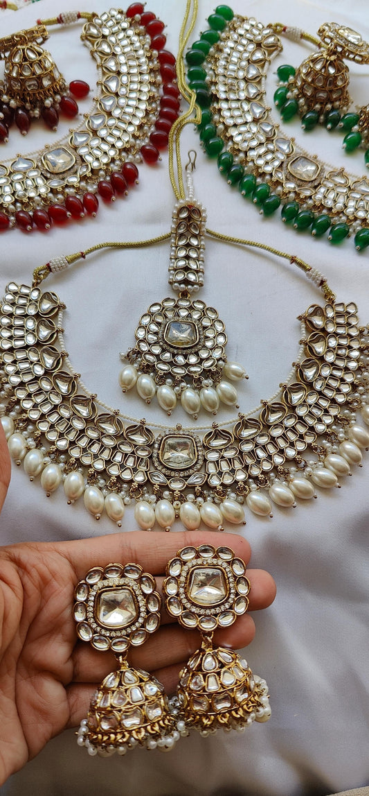 Indian uncut Kundan necklace with jhumke & bindia set