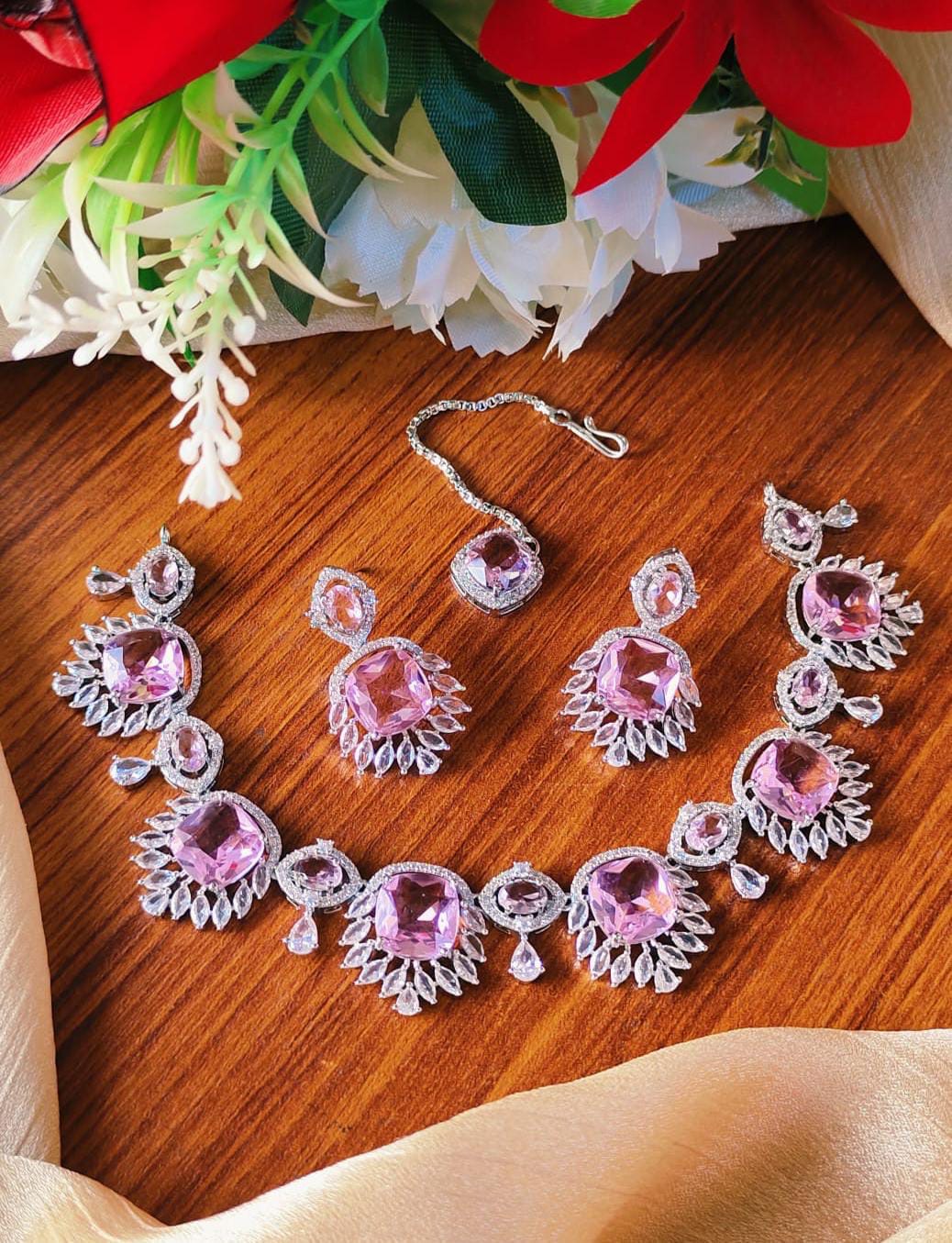 American Diamond Necklace Set With Teeka