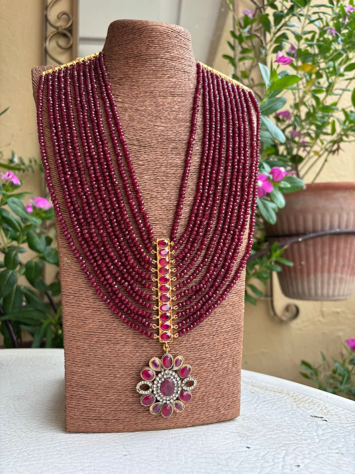 Red jade mala set with silver sterling motive and gold plated motives