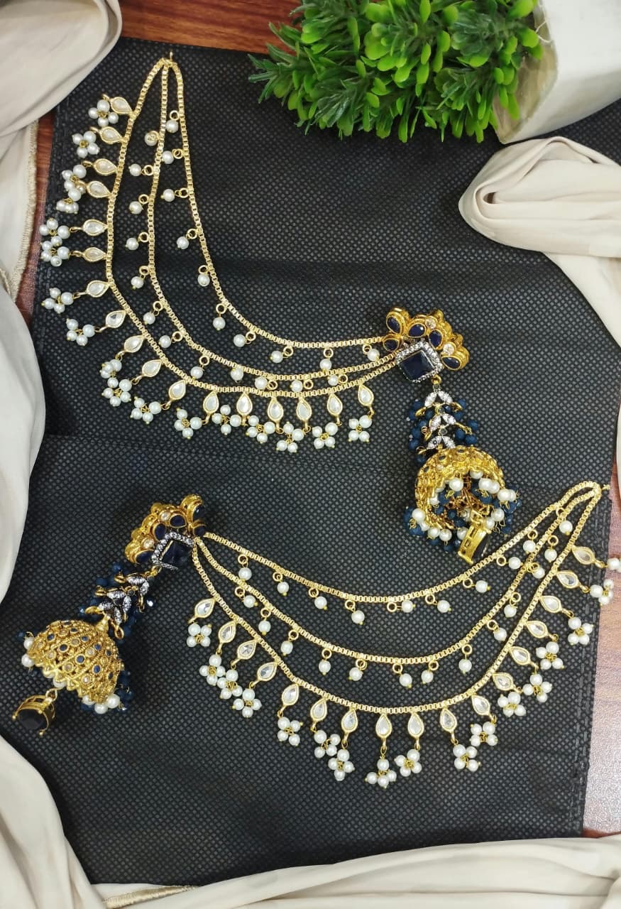 Jhumki with 3 line kundan Kan chain sahare