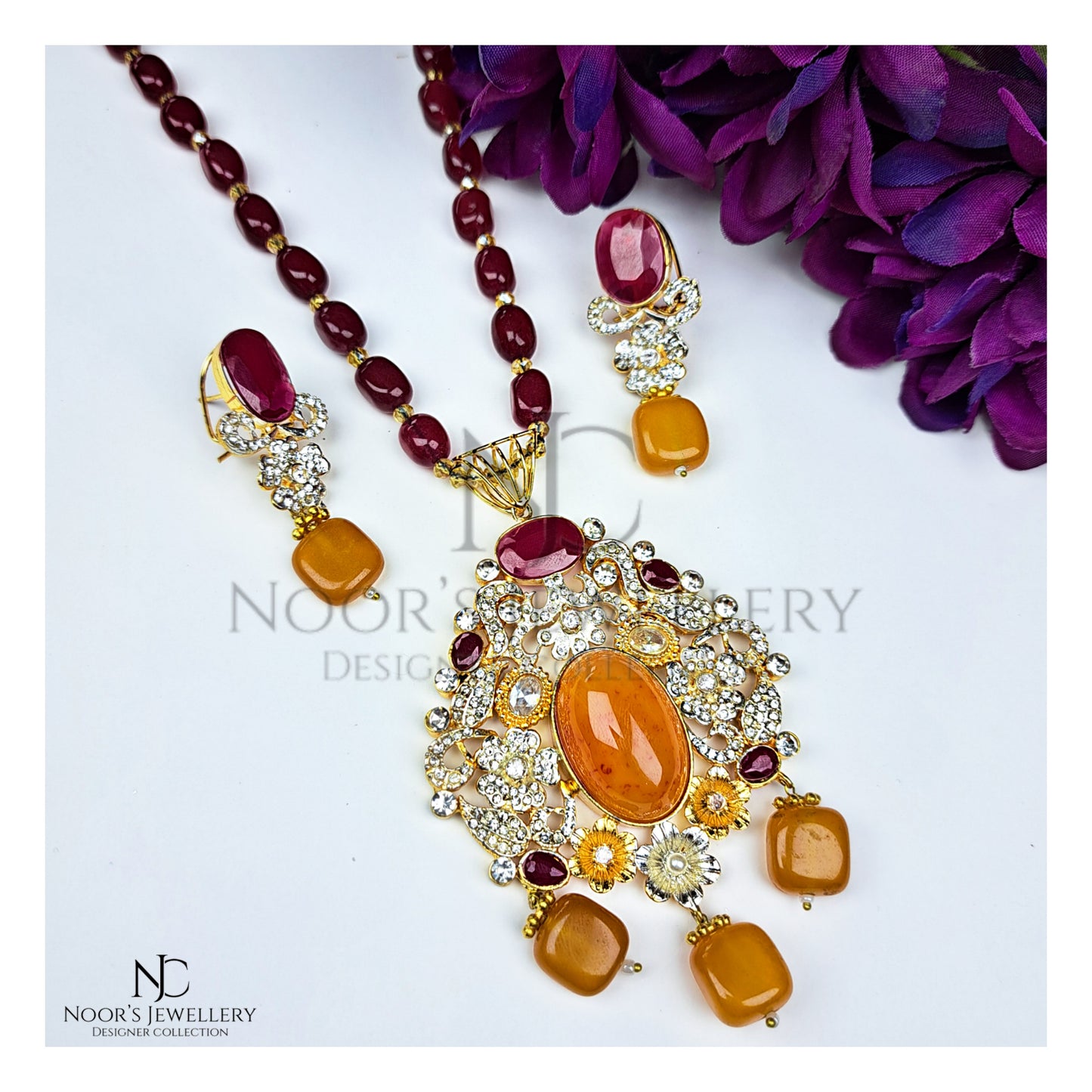 Made to order, Yellow and Red Pendent Mala Set