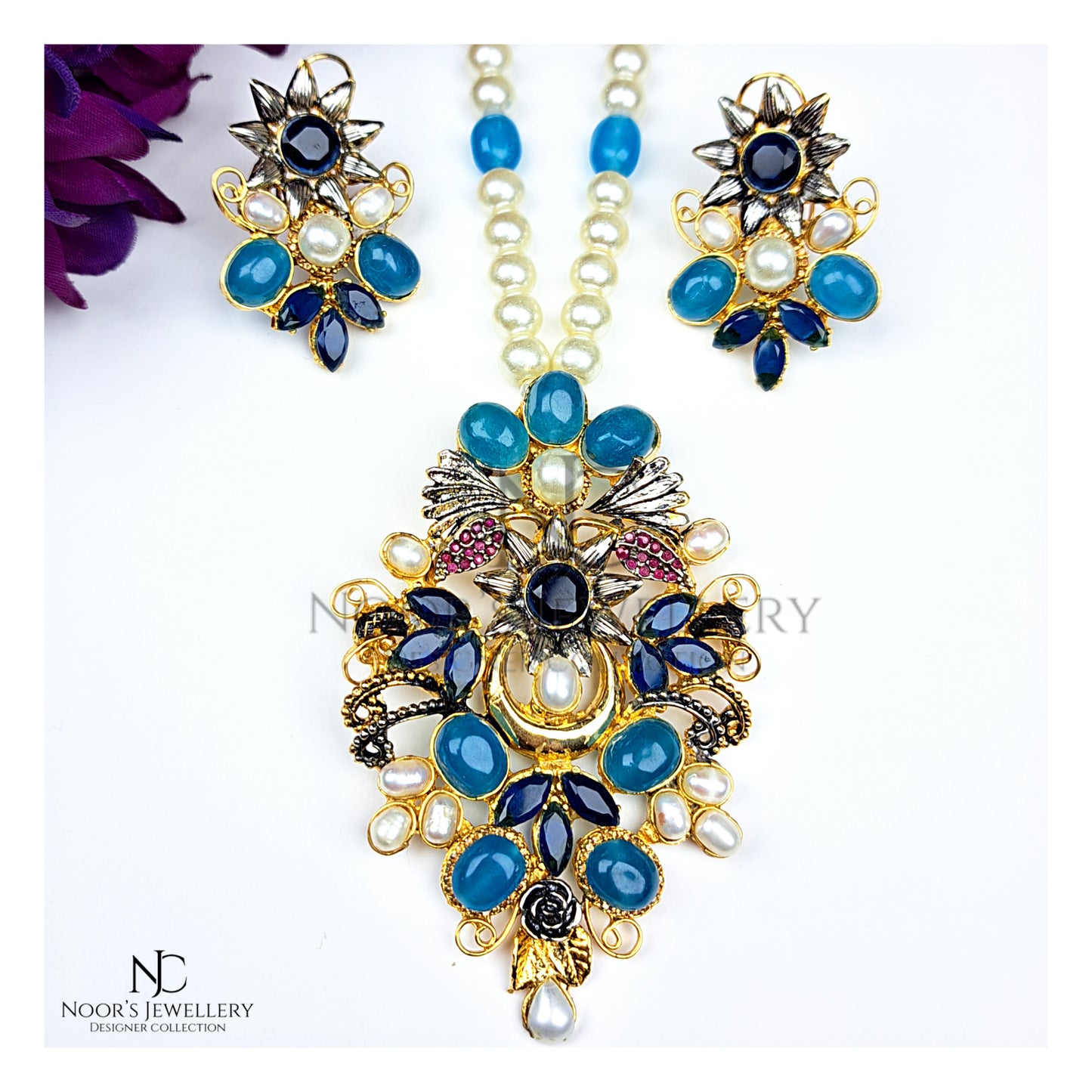 Blue Jade Pendent Mala Set