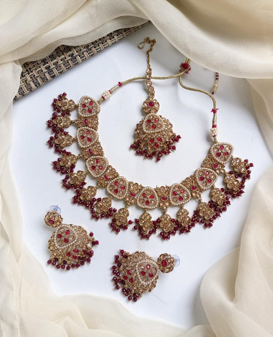 Designer Collection Indian Reverse AD Antique Polish Stylish Necklace Set With Teeka
