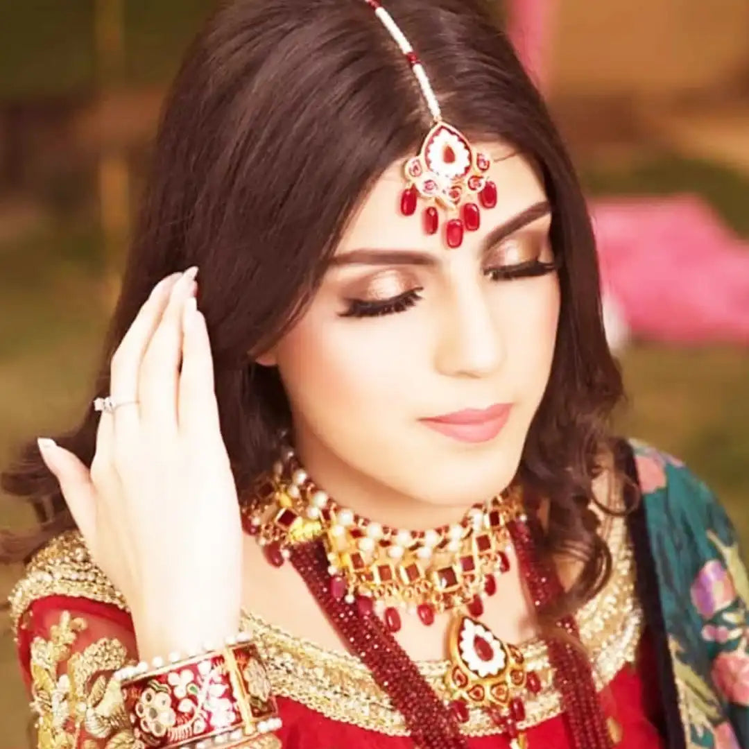Kundan Meenakari bridal set in red NJC-006