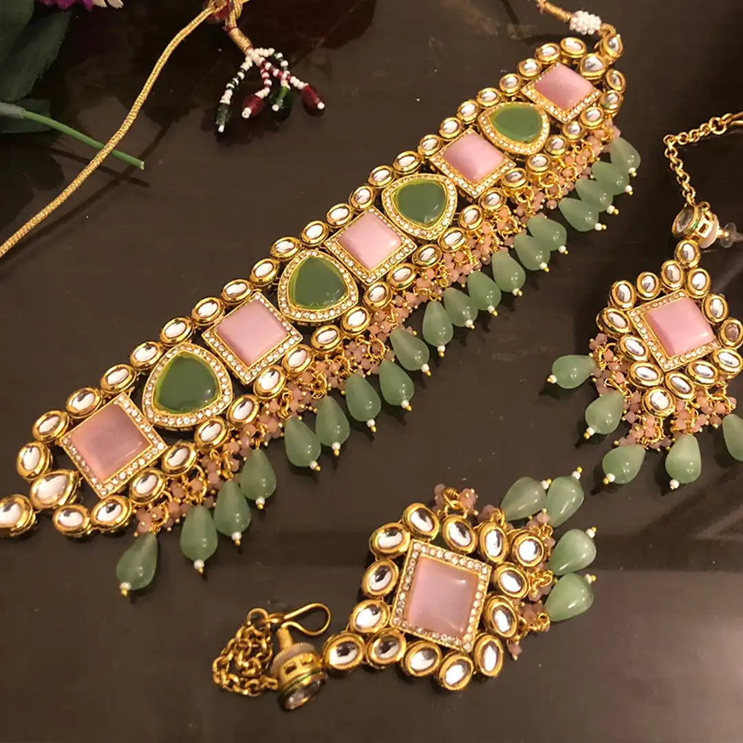artifical jewellery choker set design NJC-007 pink green