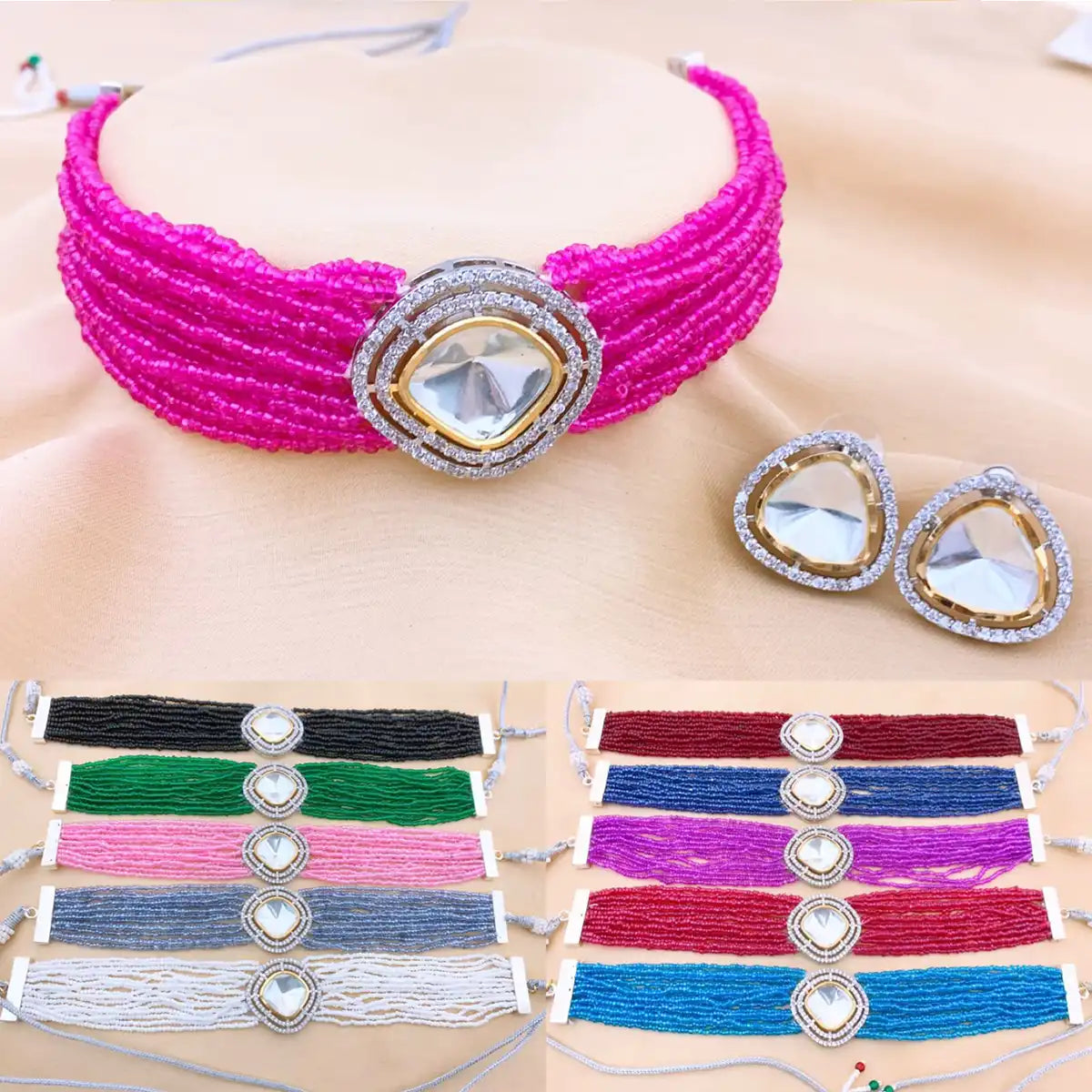 choker set necklace design with price in Pakistan njc-020 pink