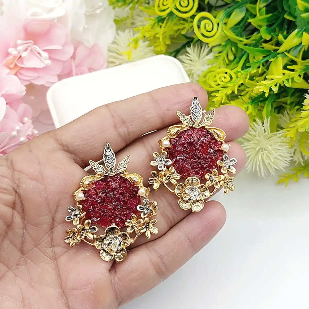 earring crushed stone njc-013 red