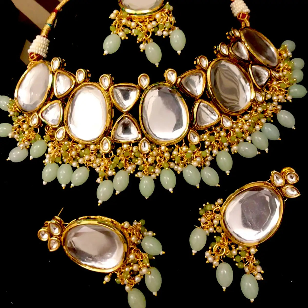 kundan necklace set design njc-015 sea green