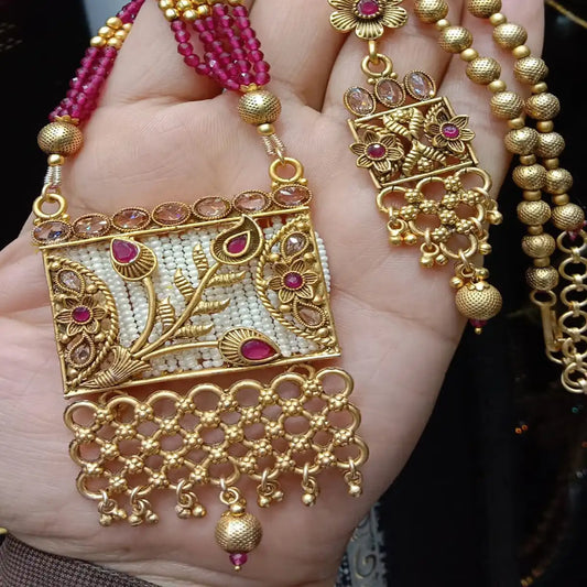 long necklace set by noors jewellery njc-006 red