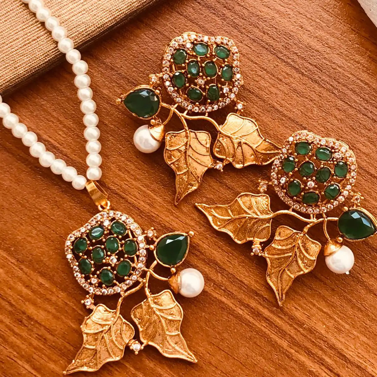 long necklace set gold design with price njc-002 green