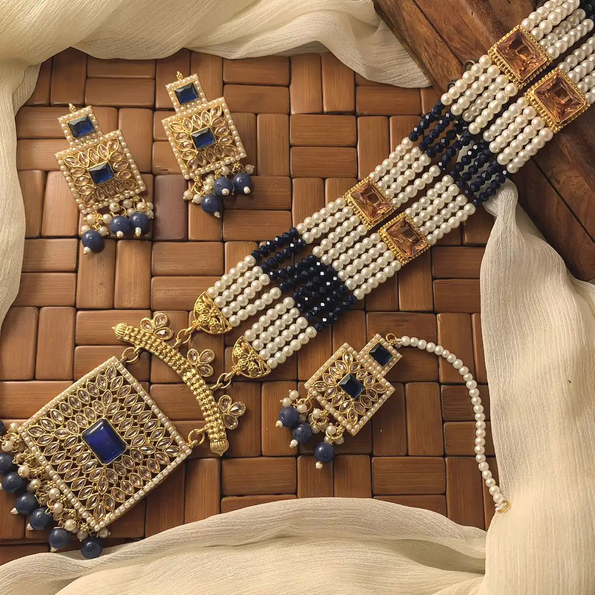 moti mala set design with price in Pakistan njc-013 Blue