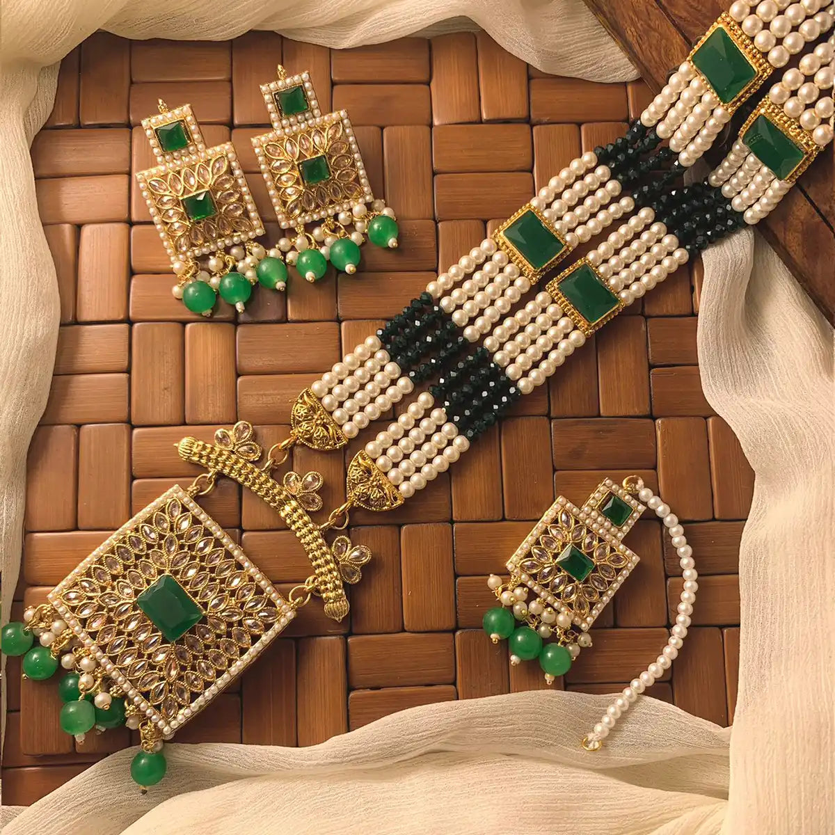 moti mala set design with price in Pakistan njc-013 green