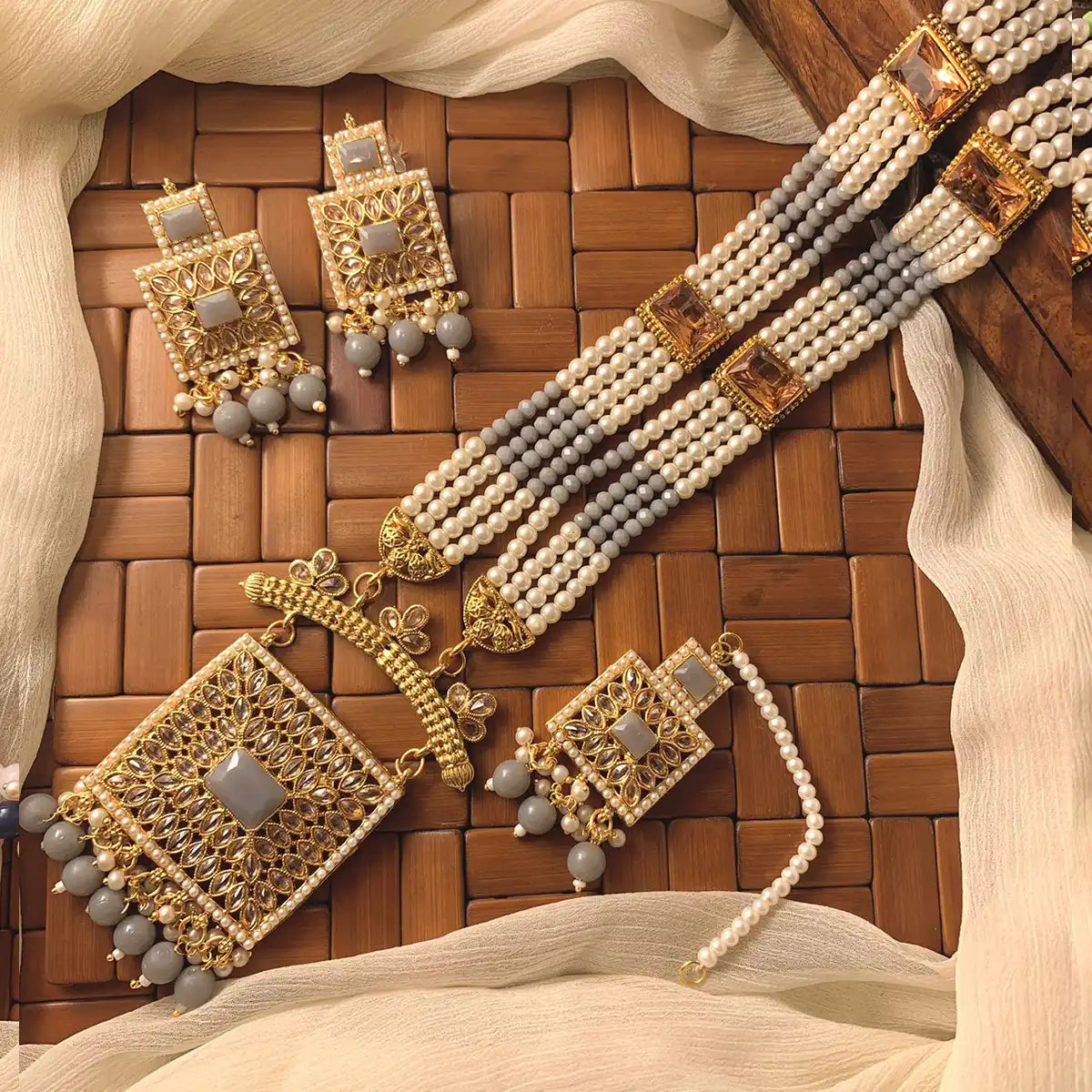 moti mala set design with price in Pakistan njc-013 grey