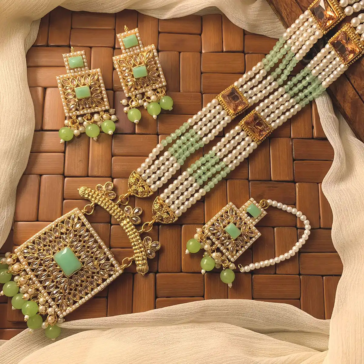 moti mala set design with price in Pakistan njc-013 pearl Green
