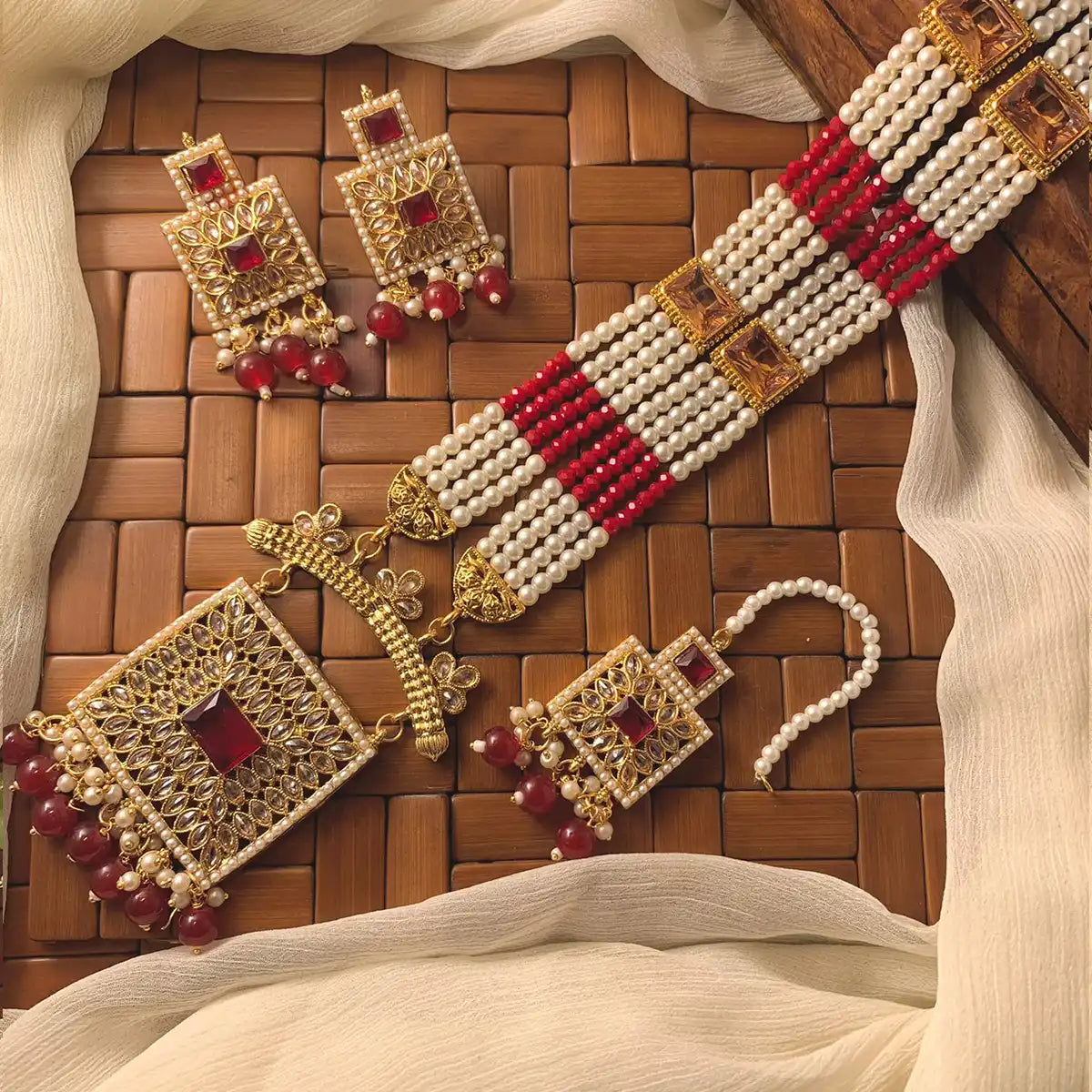 moti mala set design with price in Pakistan njc-013 red
