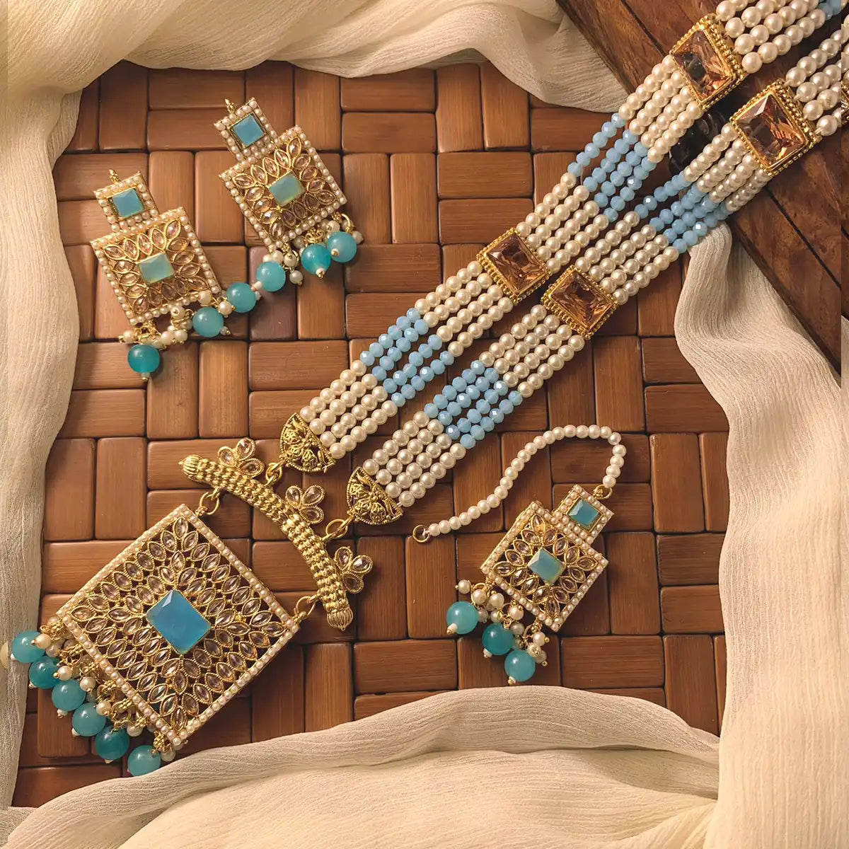moti mala set design with price in Pakistan njc-013 turquoise
