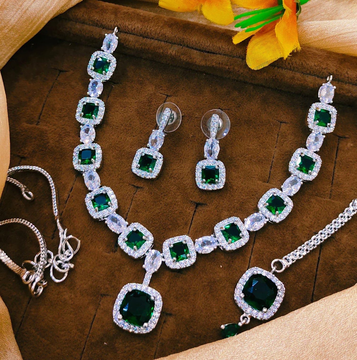 *American Diamond Zircon Necklace Set with Tikka*