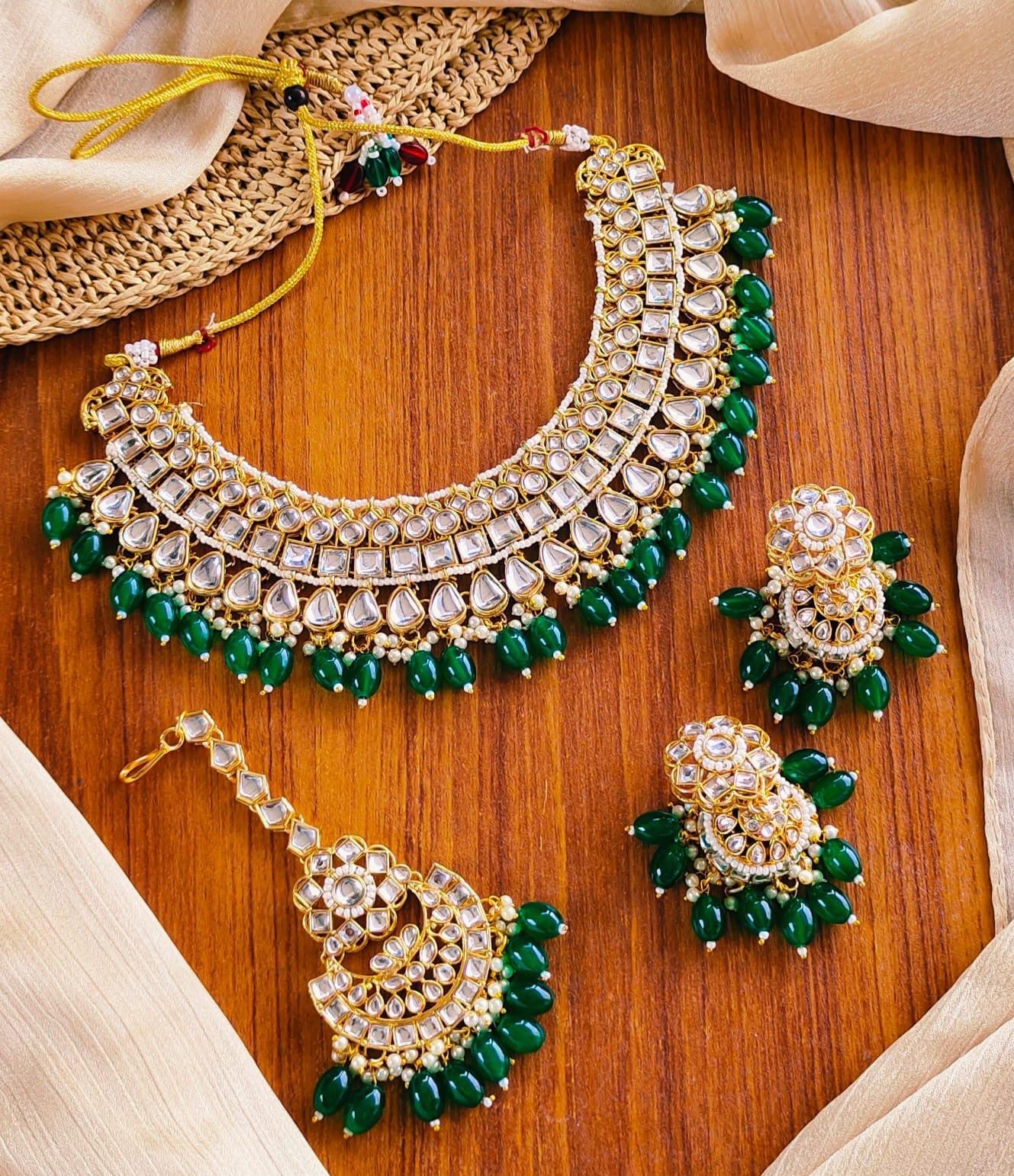 *Designer Collection Indian Dubbi Kundan Necklace Jhumki's Set With Teeka