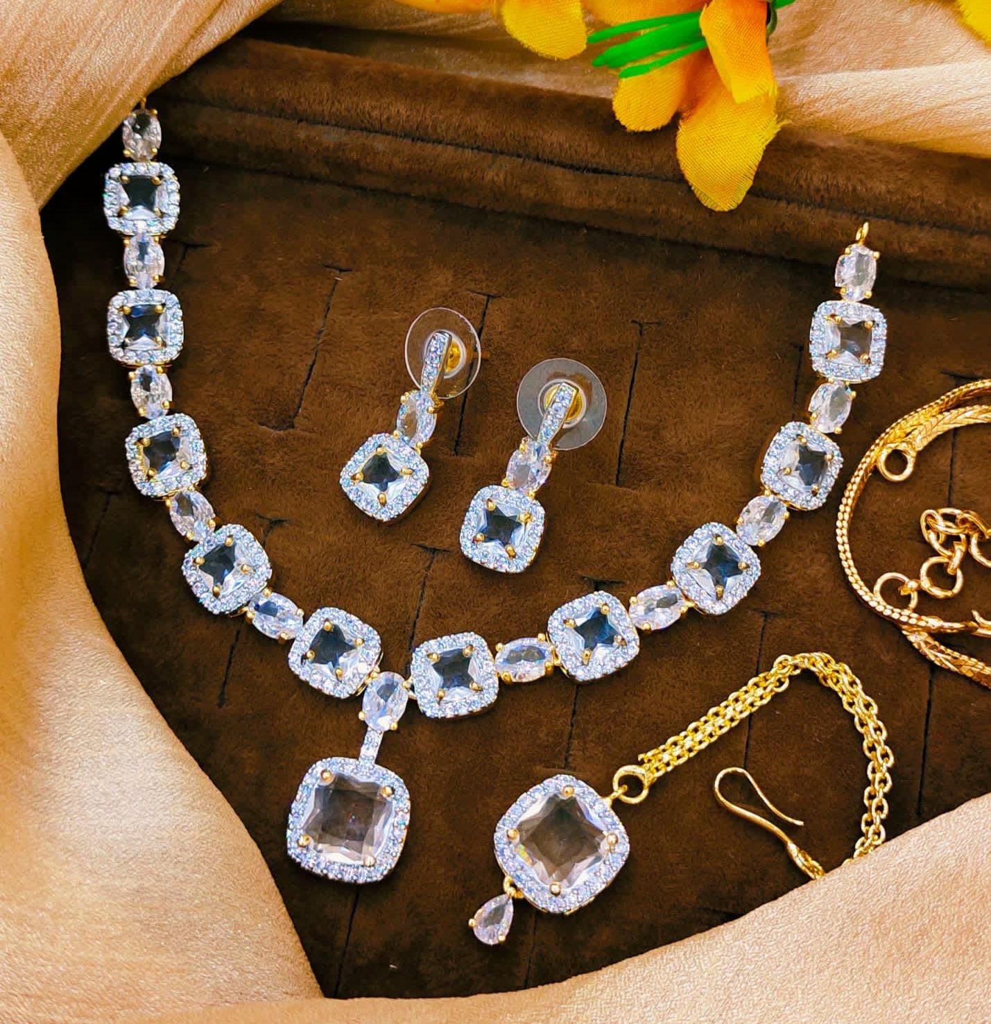 *American Diamond Zircon Necklace Set with Tikka*