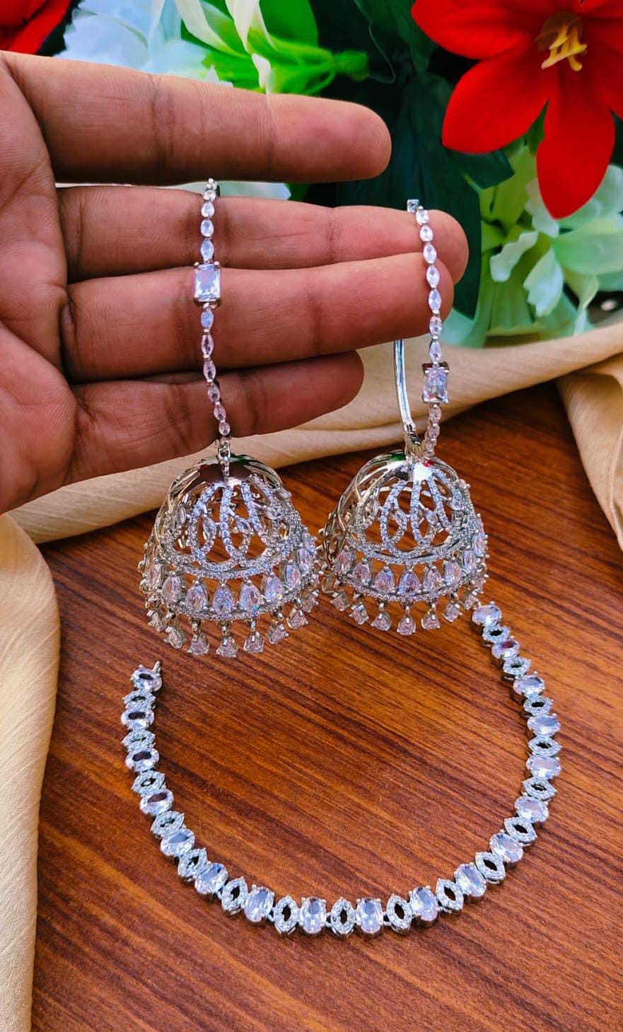 Premium Quality American Diamond Zarcon Jhumki's Necklace Set With Tikka*