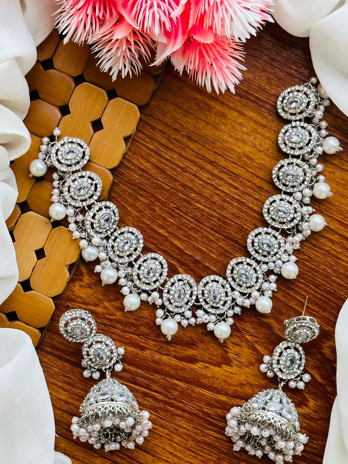 *Zircon and Stones Necklace Set with Jhumkas*