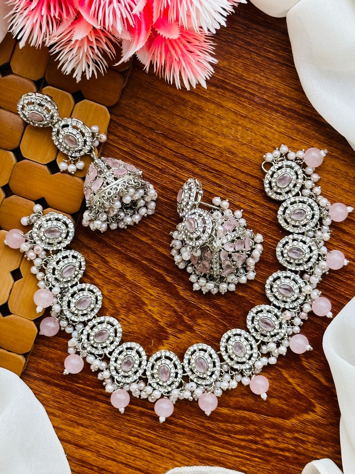 *Zircon and Stones Necklace Set with Jhumkas*