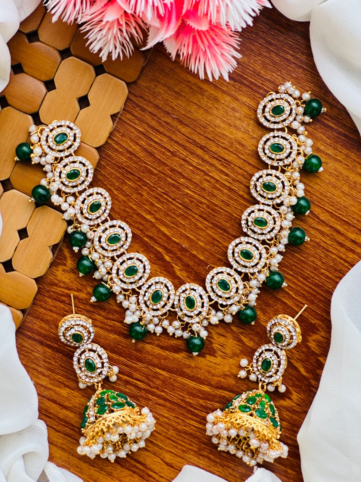 *Zircon and Stones Necklace Set with Jhumkas*