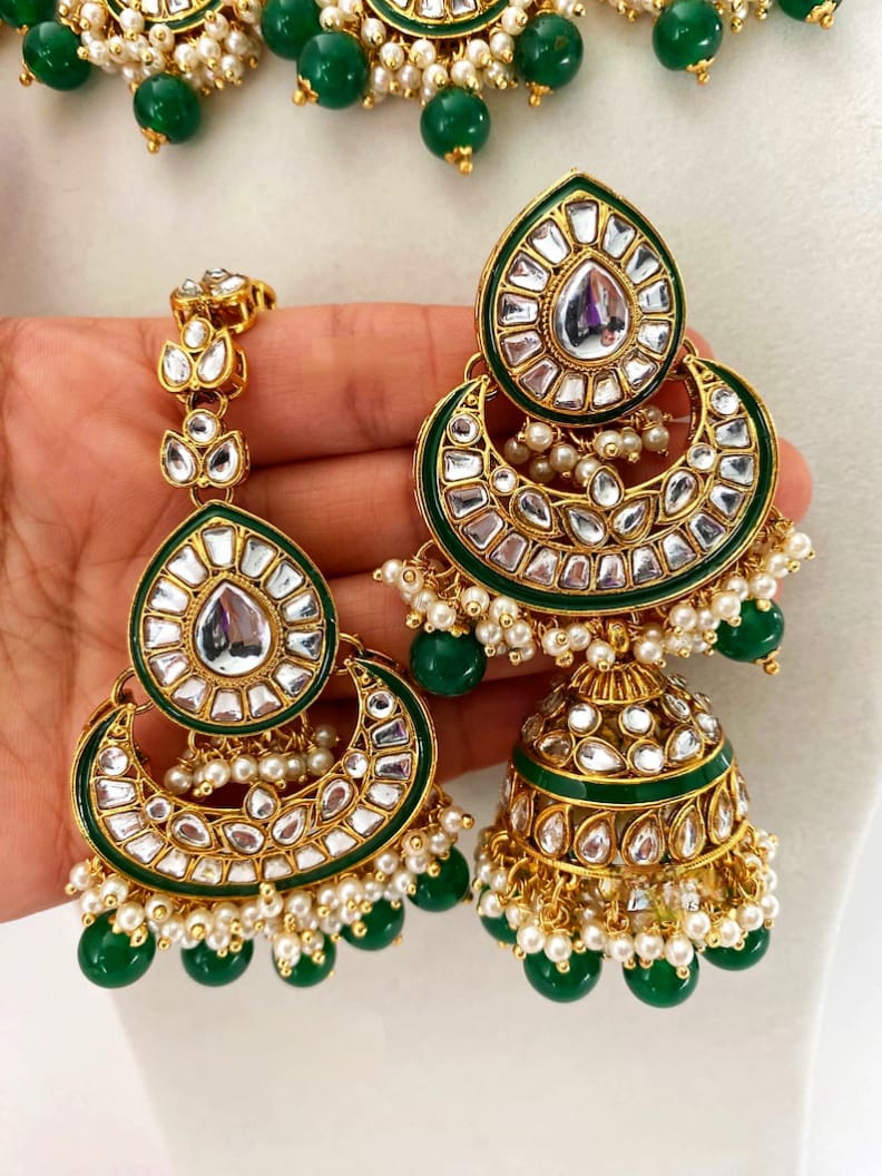 Designer Collection Indian Dubbi Kundan Jhumki's Necklace Set With Teeka.