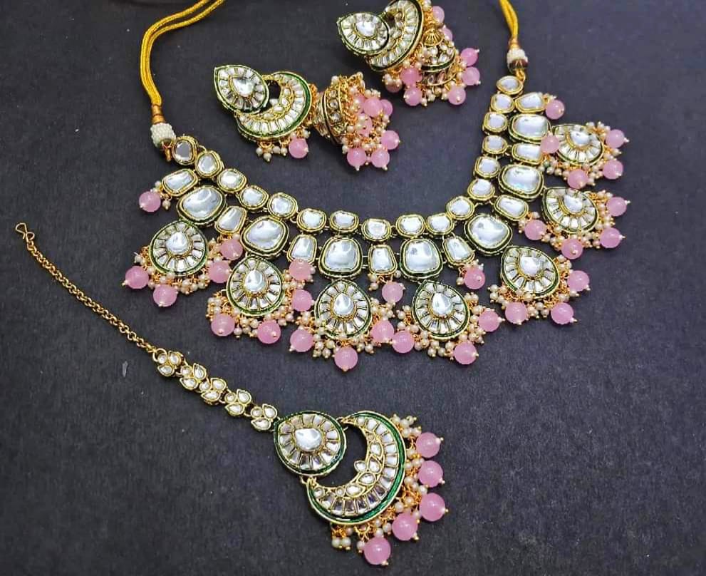 Designer Collection Indian Dubbi Kundan Jhumki's Necklace Set With Teeka.