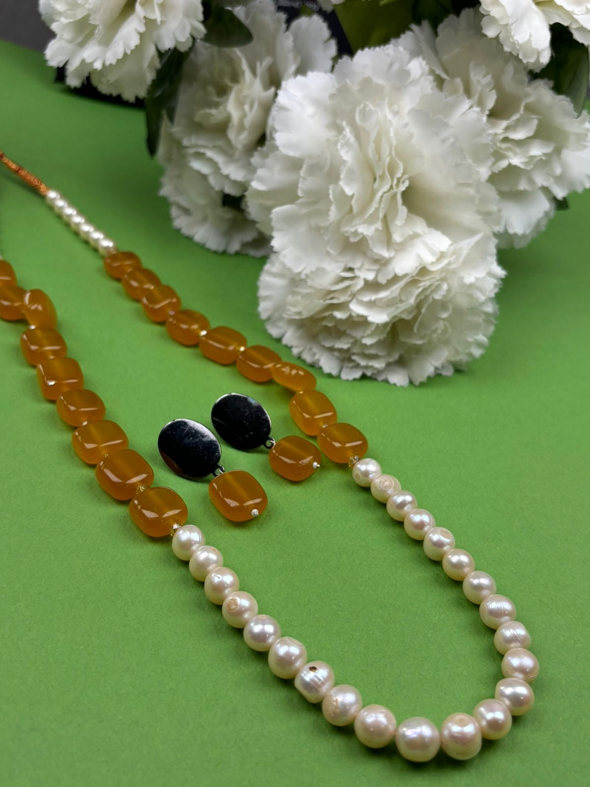 *Made to order, Yellow jade stone and real pearls mala in precious stones chandi silver sterling studs price*