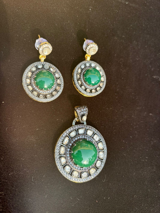 Real emerald with diamond polki earring and pendant set in silver sterling setting price