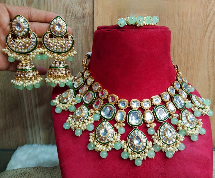 Designer Collection Indian Dubbi Kundan Jhumki's Necklace Set With Teeka.