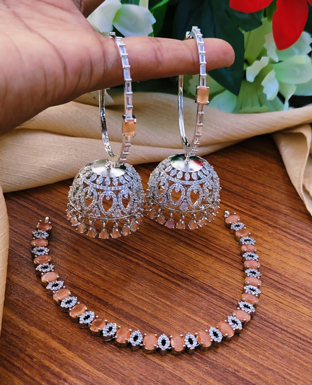 Premium Quality American Diamond Zarcon Jhumki's Necklace Set With Tikka*