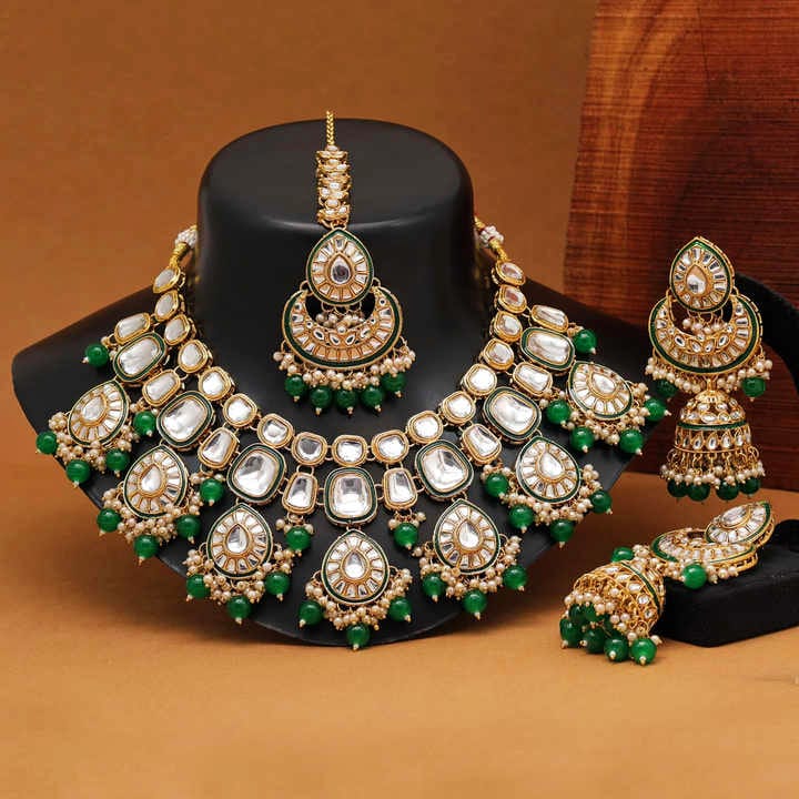 Designer Collection Indian Dubbi Kundan Jhumki's Necklace Set With Teeka.