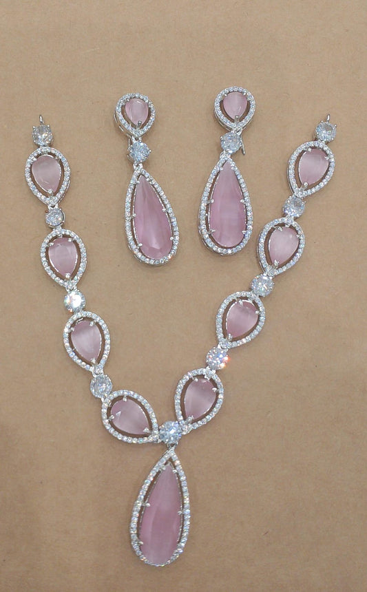 Silver zircon pink necklace set