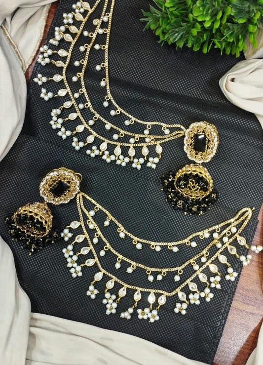 Jhumki with 3 line kundan Kan chain sahare