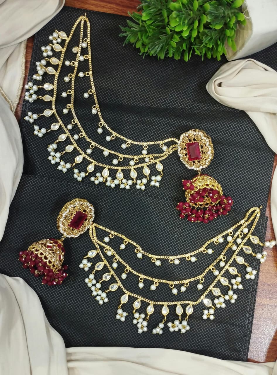 Jhumki with 3 line kundan Kan chain sahare