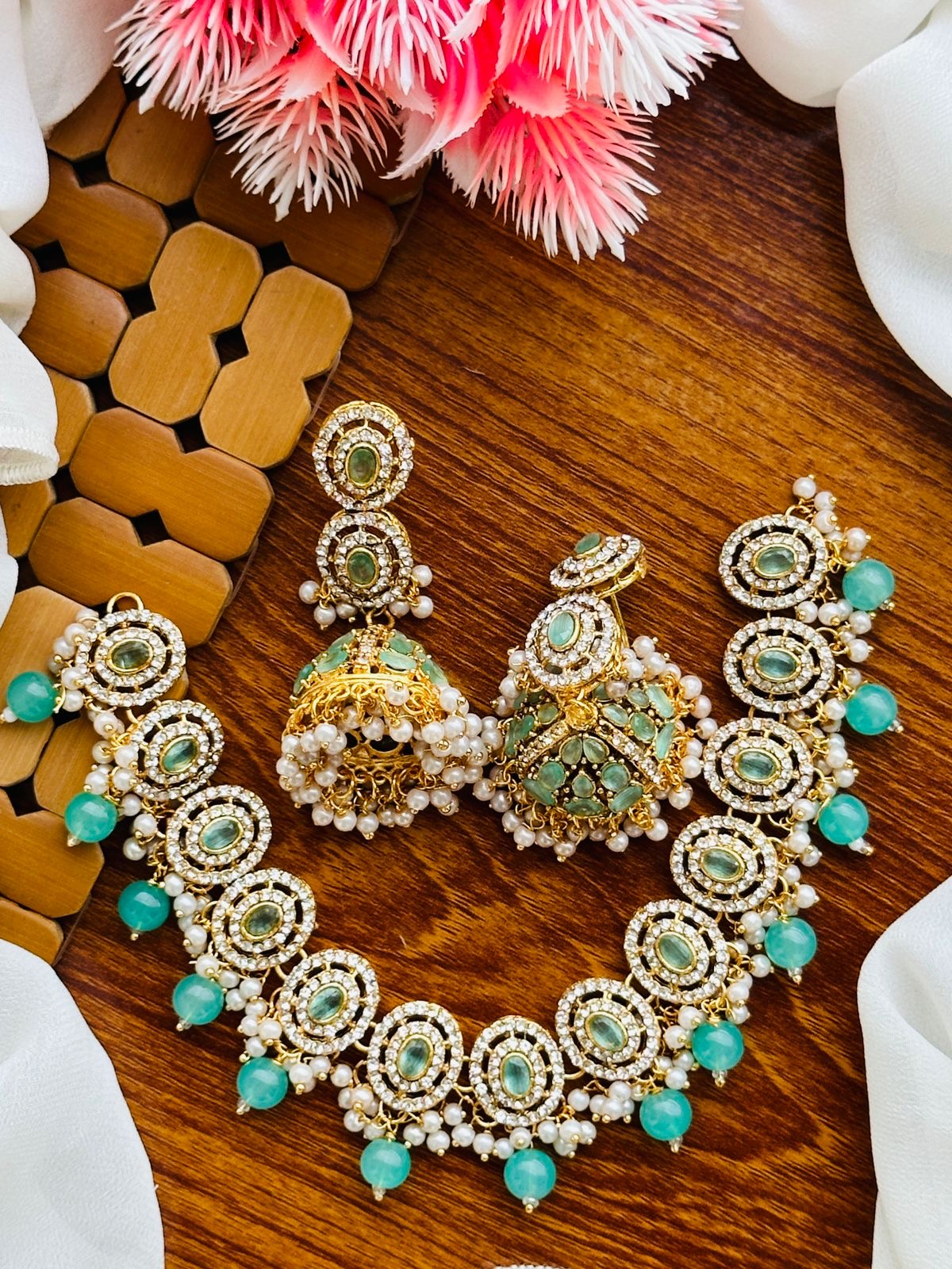 *Zircon and Stones Necklace Set with Jhumkas*