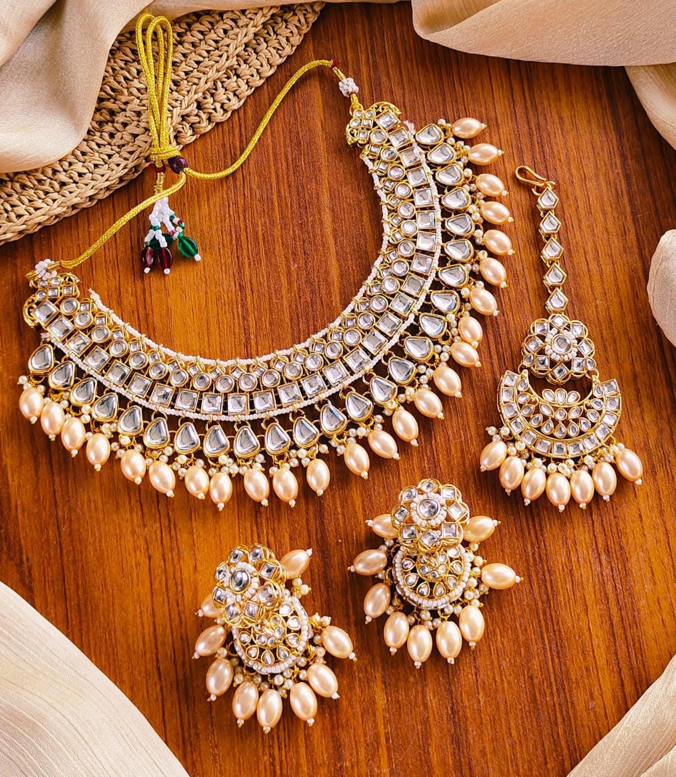 *Designer Collection Indian Dubbi Kundan Necklace Jhumki's Set With Teeka