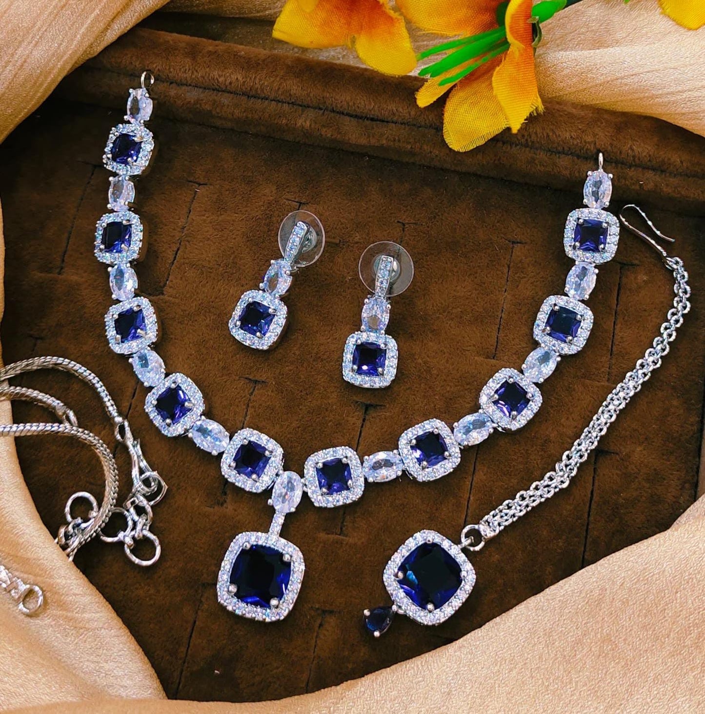 *American Diamond Zircon Necklace Set with Tikka*