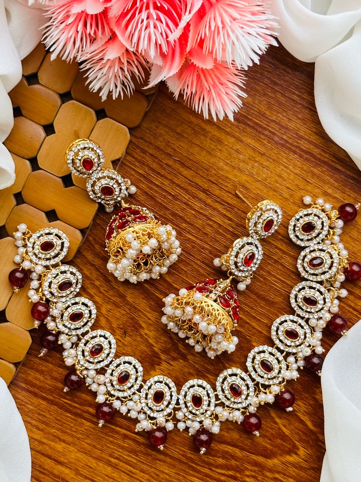 *Zircon and Stones Necklace Set with Jhumkas*