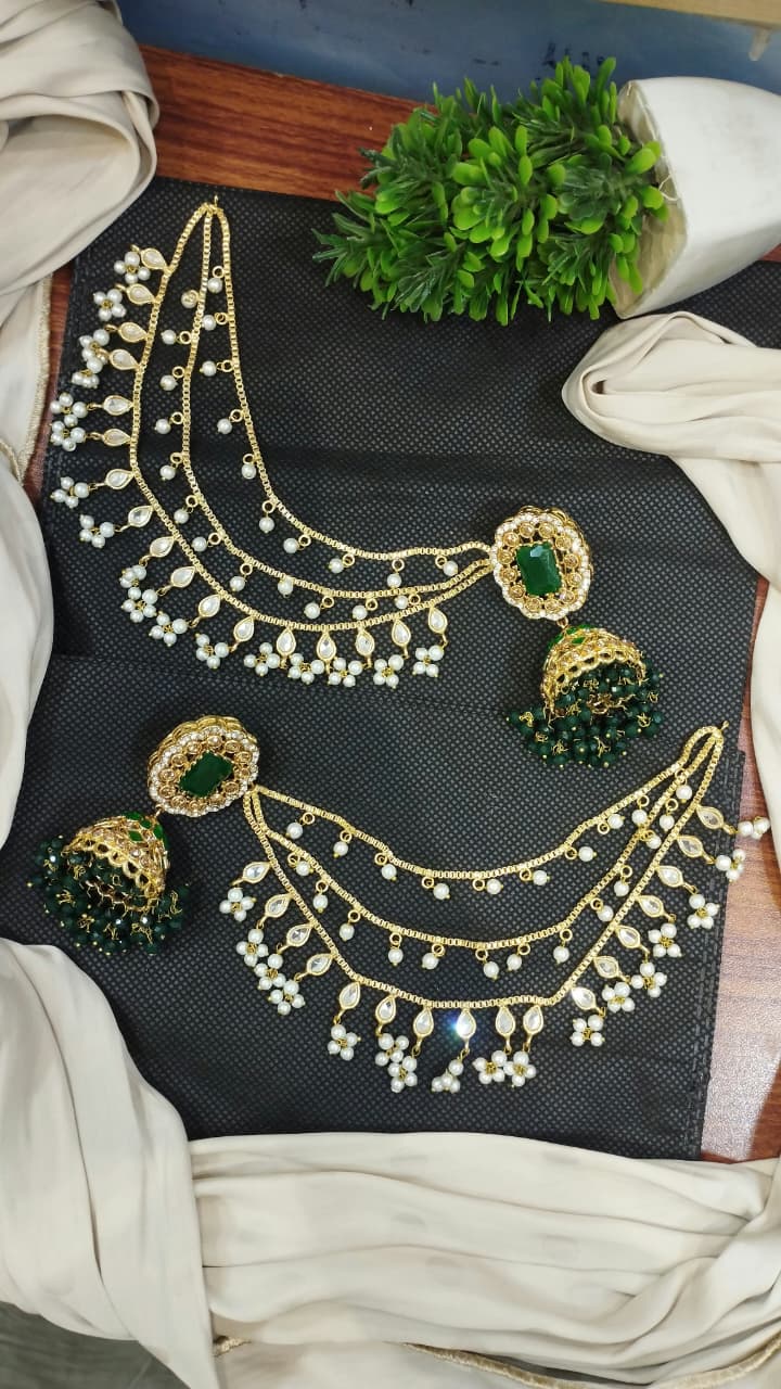 Jhumki with 3 line kundan Kan chain sahare