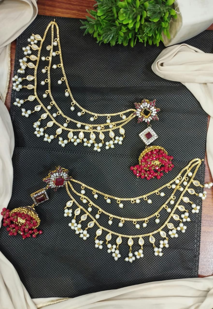 Jhumki with 3 line kundan Kan chain sahare