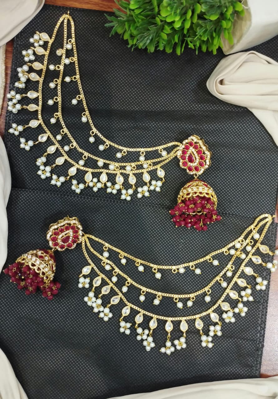 Jhumki with 3 line kundan Kan chain sahare