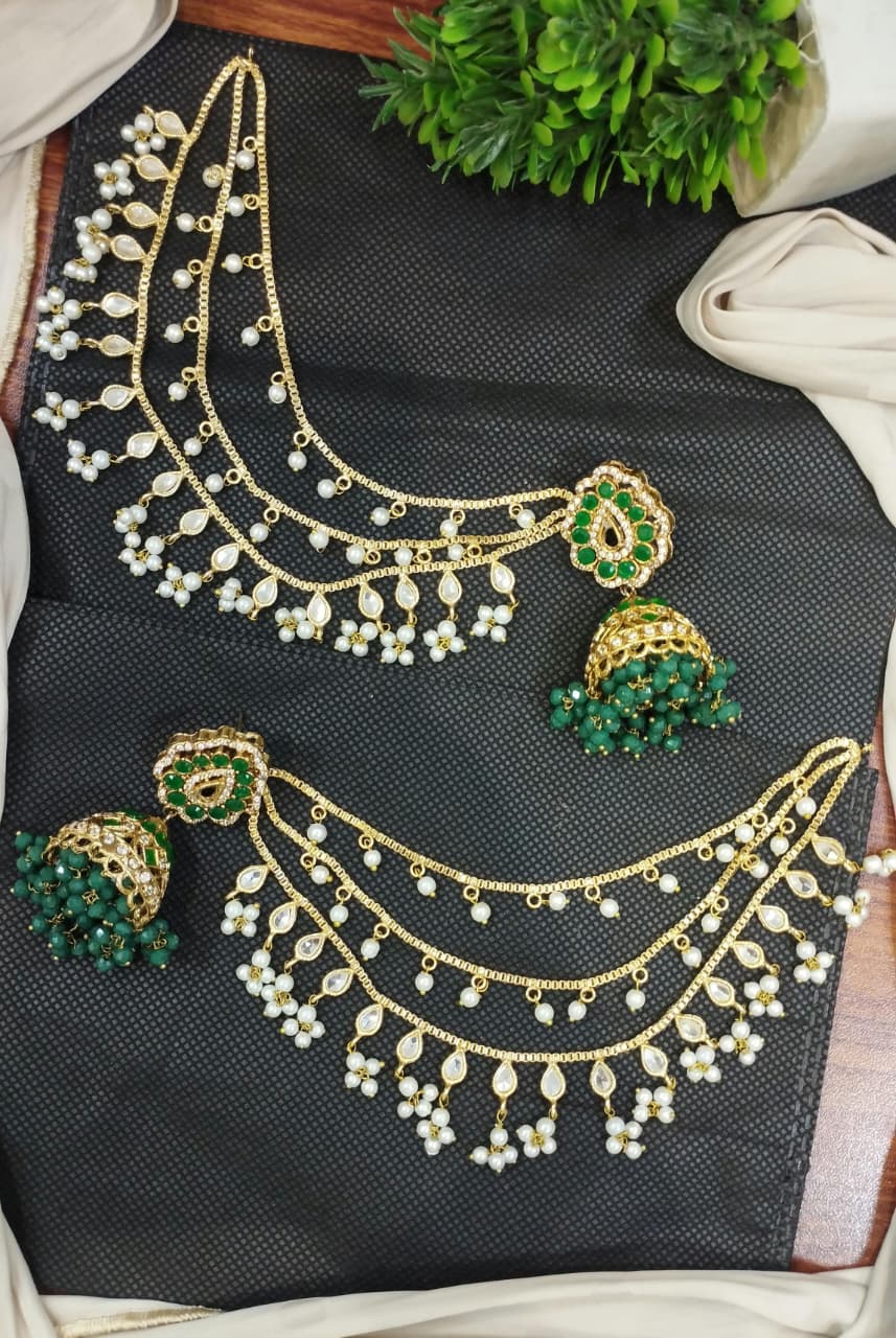 Jhumki with 3 line kundan Kan chain sahare