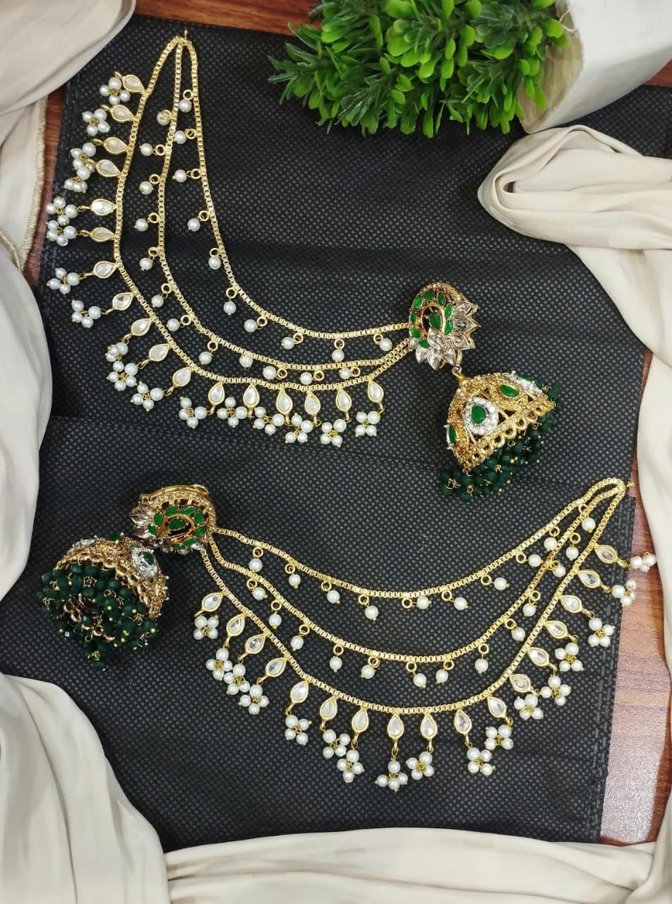 Jhumki with 3 line kundan Kan chain sahare