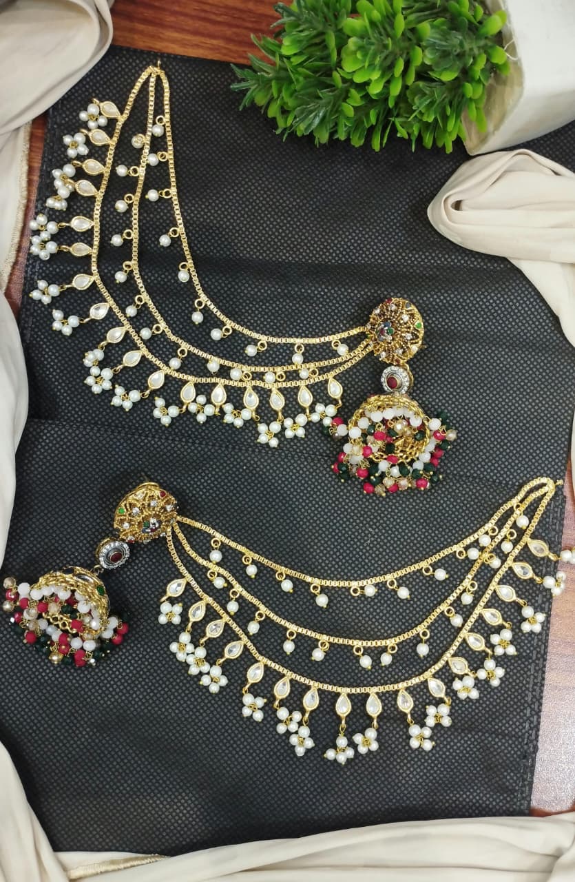 Jhumki with 3 line kundan Kan chain sahare