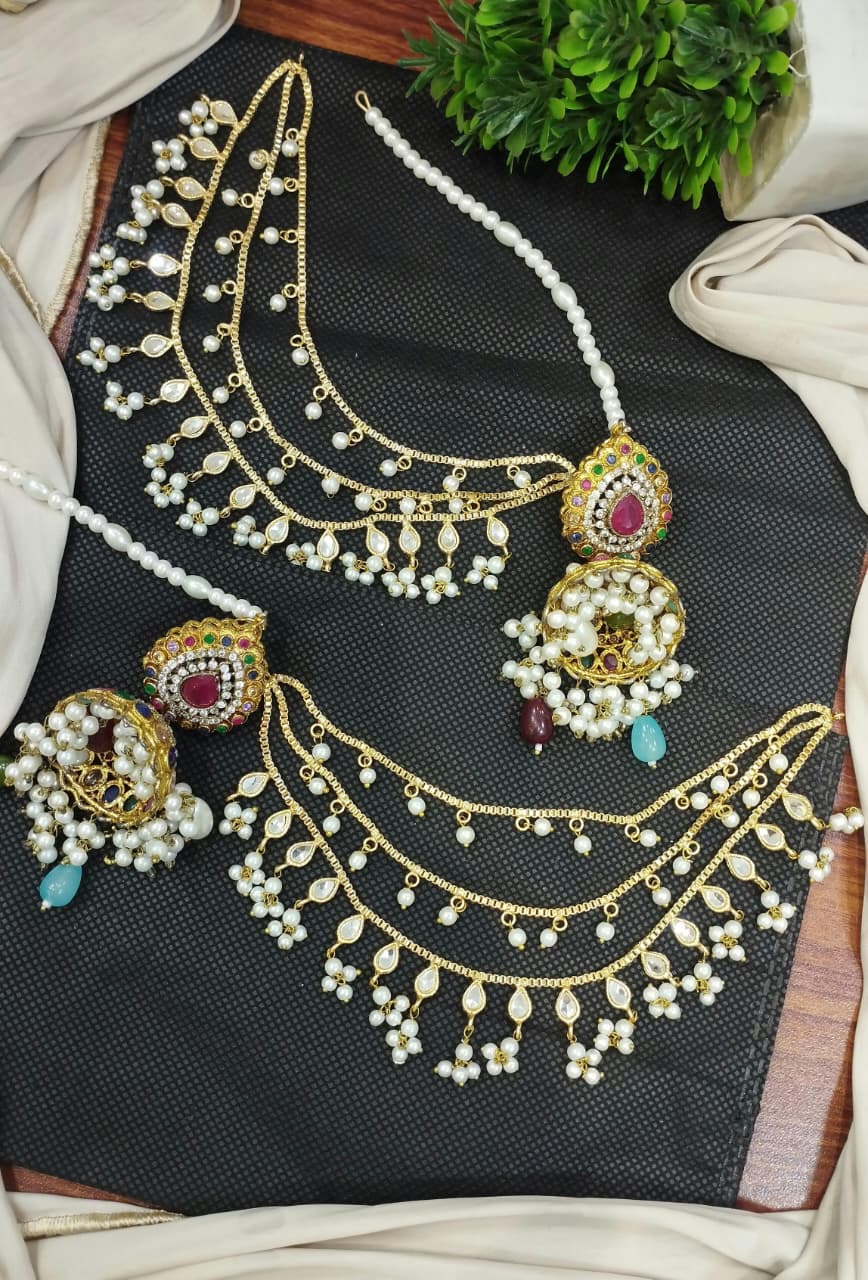Jhumki with 3 line kundan Kan chain sahare