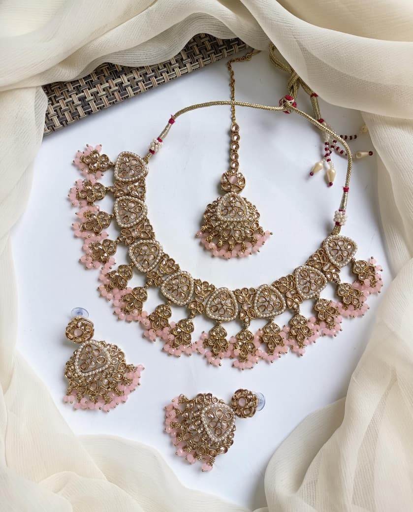 Designer Collection Indian Reverse AD Antique Polish Stylish Necklace Set With Teeka